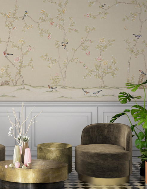 Solitude Taupe, printed mural wallpaper by Paul Montgomery. Taupe chinoiserie in room.