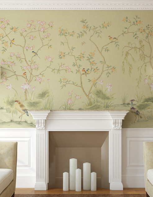 Spring Garden Cream, printed mural wallpaper by Paul Montgomery. Cream chinoiserie in room.