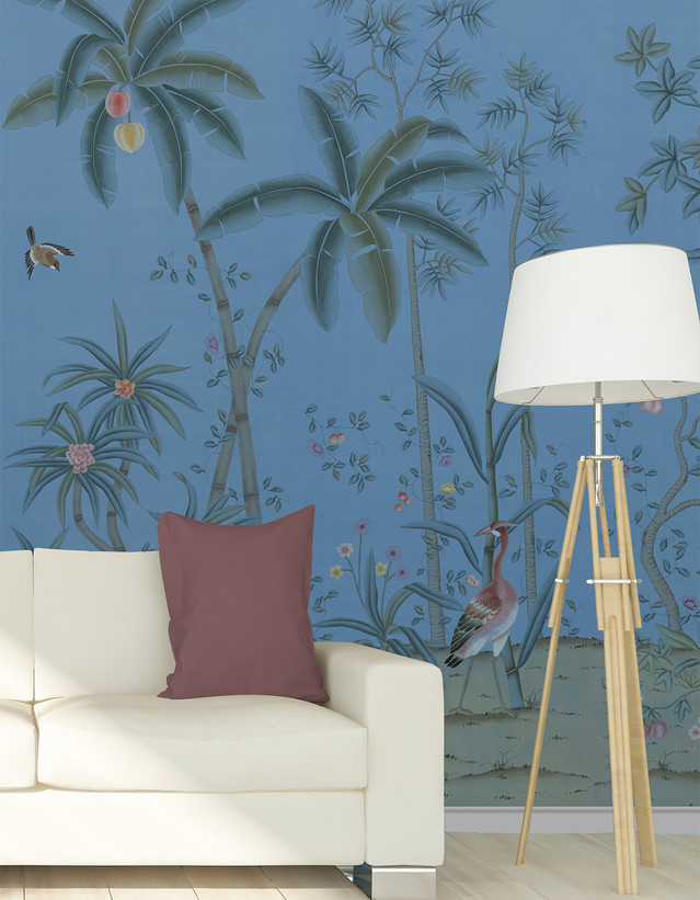 Trevarez Blue, printed mural wallpaper by Paul Montgomery. Blue chinoiserie in room.