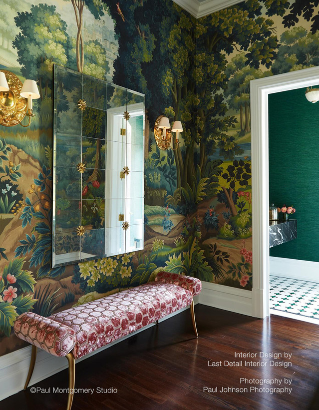 Verdure Landscape, printed mural wallpaper by Paul Montgomery. Full Color panoramic in room.