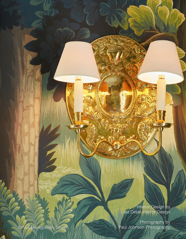 Verdure Landscape, printed mural wallpaper by Paul Montgomery. Full Color panoramic in room.