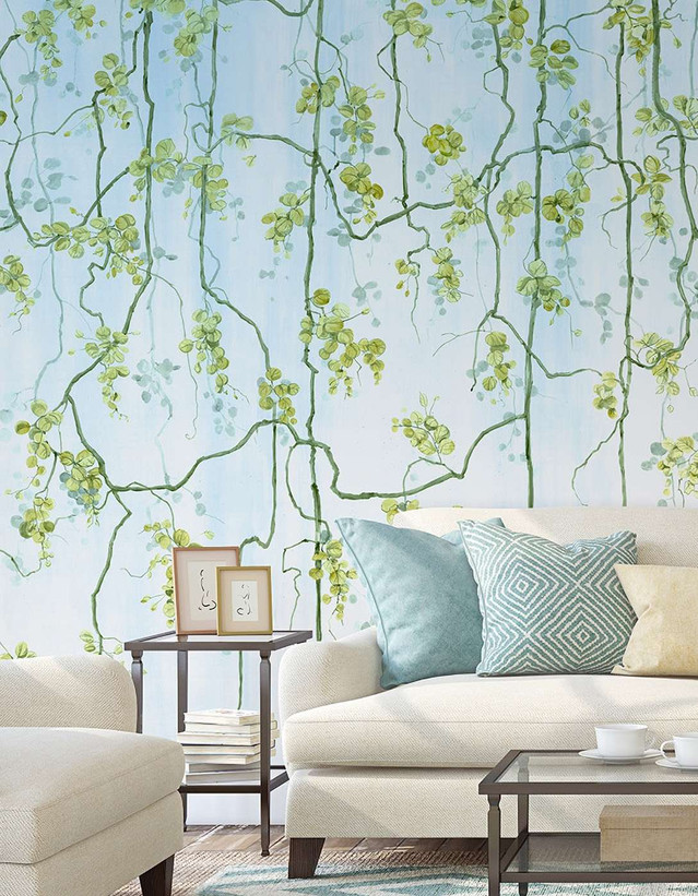 Vigne, printed mural wallpaper by Paul Montgomery. Full color modern mural in room.