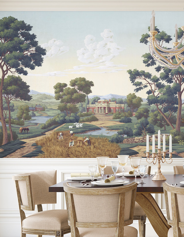 Virginia, printed mural wallpaper by Paul Montgomery. Full color panoramic in room.