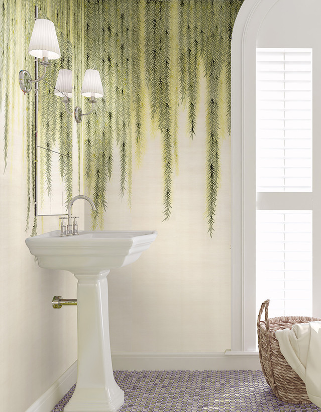 Willow, printed mural wallpaper by Paul Montgomery. Full color chinoiserie in room.