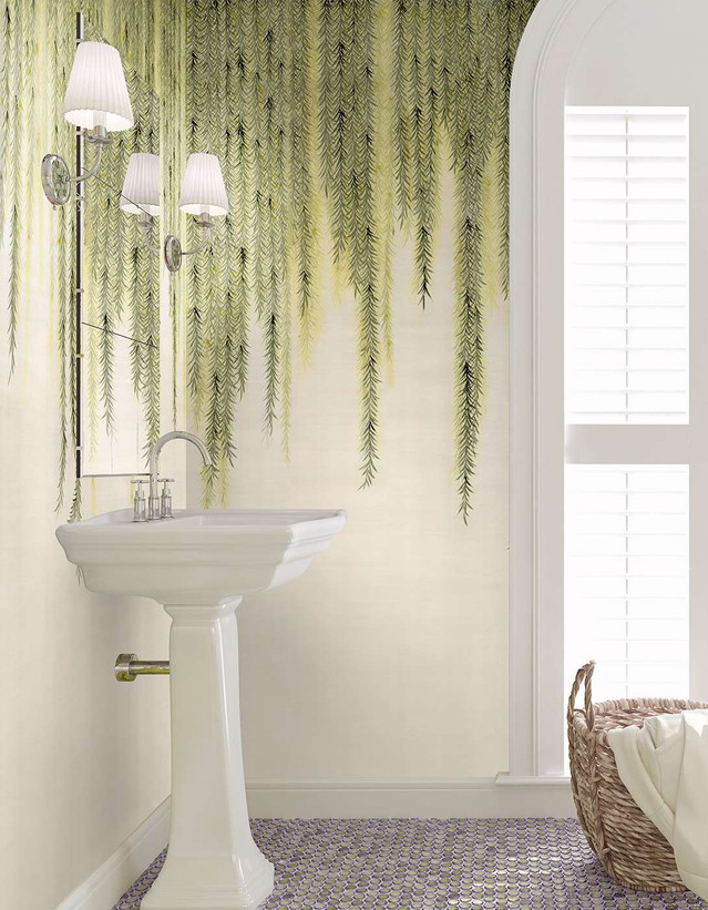 Willow, printed mural wallpaper by Paul Montgomery. Full color chinoiserie in room.