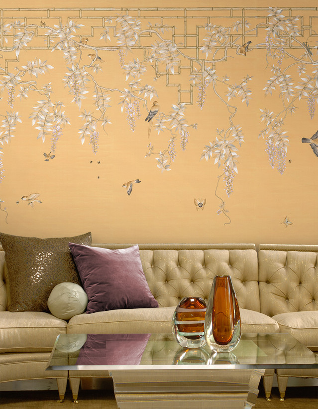Wisteria Orange, printed mural wallpaper by Paul Montgomery. Orange chinoiserie in room.