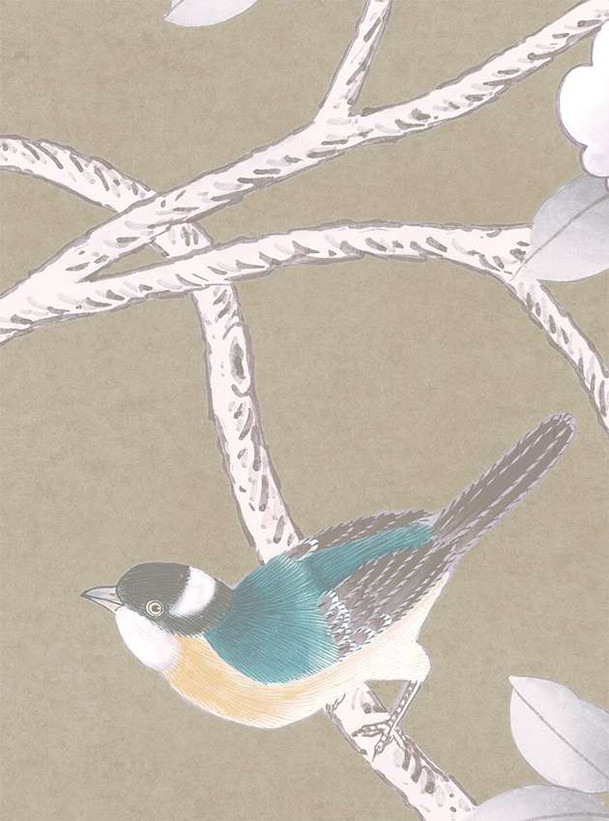 Climbing Blossom, printed mural wallpaper by Ariel Okin for Paul Montgomery. Putty detail shot.