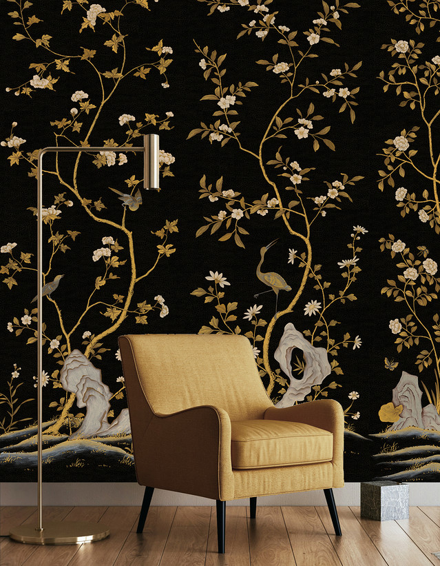 Coromandel Garden, printed mural wallpaper by Paul Montgomery. Black chinoiserie in room.