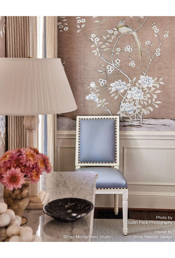 Maysong Beige Crackle, printed mural wallpaper by Paul Montgomery. Beige Chinoiserie in room.