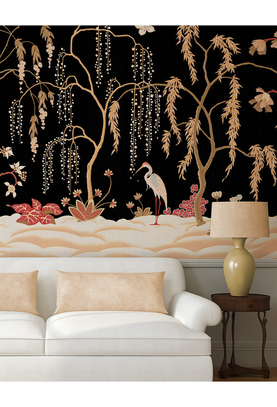Ginsberg, printed mural wallpaper by Paul Montgomery. Black chinoiserie mural in room.