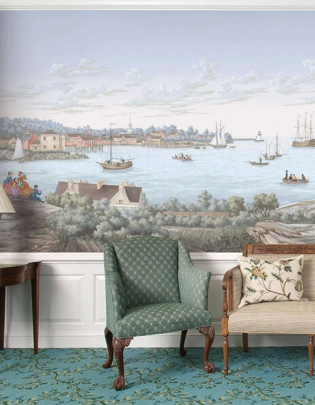 Nantucket Harbor printed mural wallpaper by Paul Montgomery. Full color panoramic in room.