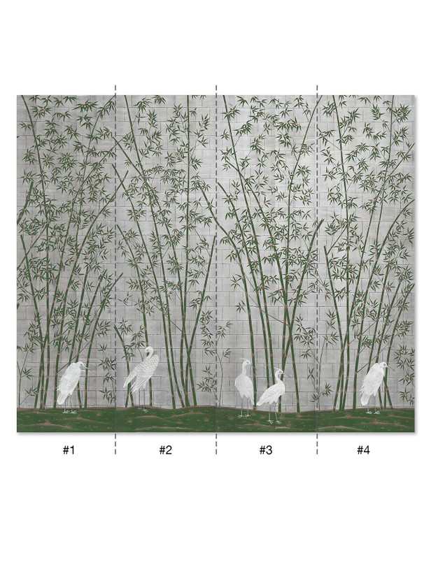 Bamboo and Cranes Silver Green Hand-Painted  Original