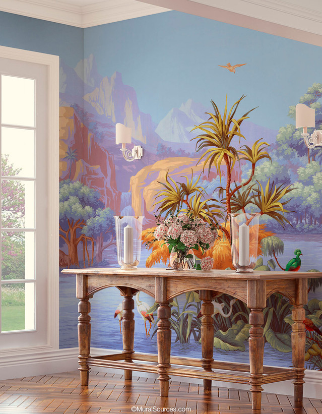 Amazonia, printed mural wallpaper by Paul Montgomery. Fauvist chinoiserie in room.