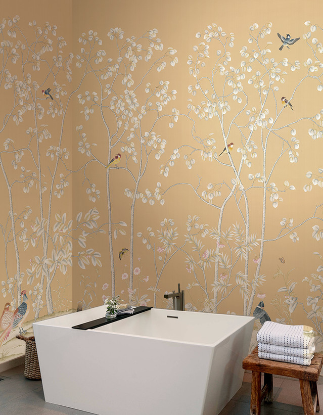 Aspens, printed mural wallpaper by Paul Montgomery. Butternut chinoiserie in room.