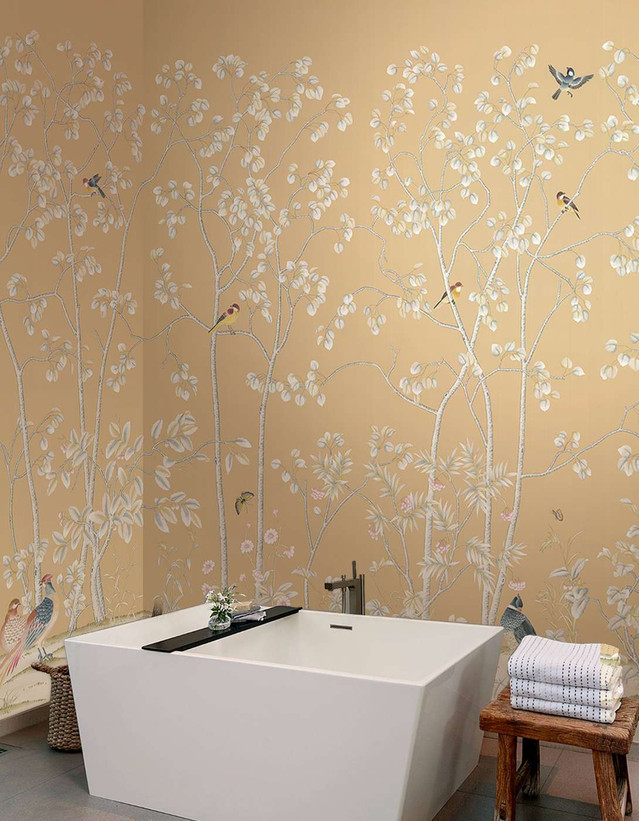 Aspens, printed mural wallpaper by Paul Montgomery. Butternut chinoiserie in room.