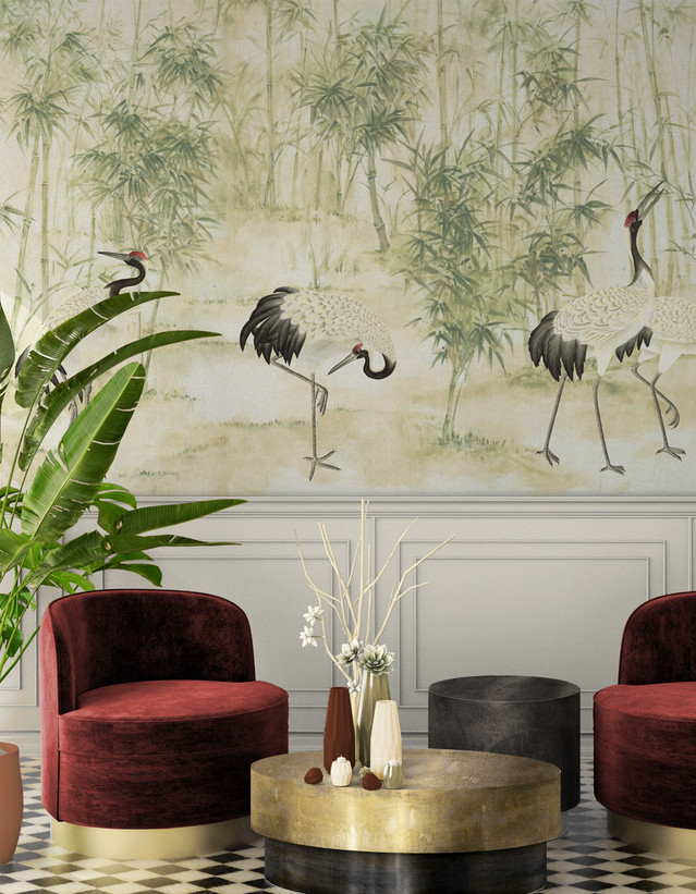 Bamboo and Cranes, printed mural wallpaper by Paul Montgomery. Beige chinoiserie in room.