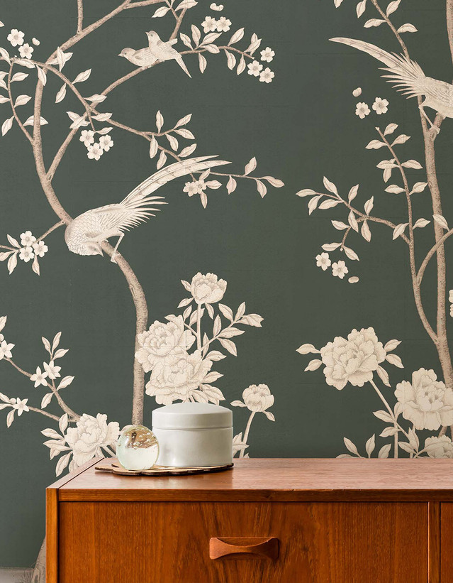 Birds of Flight, printed mural wallpaper by Paul Montgomery. Pine chinoiserie in room.