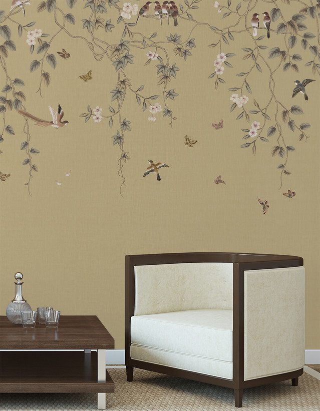 Bonmaison Tan, printed mural wallpaper by Paul Montgomery. Tan chinoiserie in room.