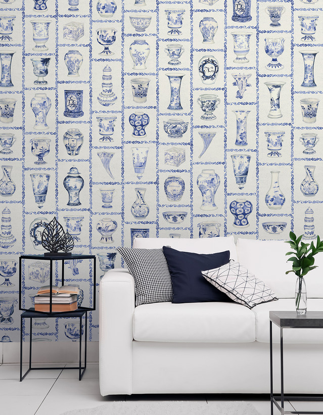 Cabinet of Porcelains, printed mural wallpaper by Paul Montgomery. White and blue Williamsburg mural in room.