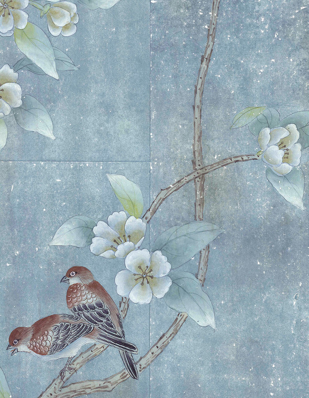 Chanteur Antiqued, printed mural wallpaper by Paul Montgomery. Detail shot.