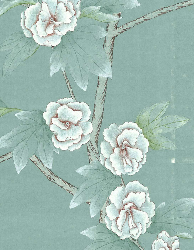 Chanteur Blue, printed mural wallpaper by Paul Montgomery. Detail shot.