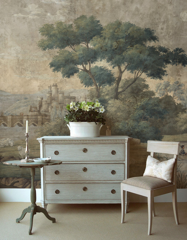 Derbyshire Antiqued, printed mural wallpaper by Paul Montgomery. Classic panoramic in room.