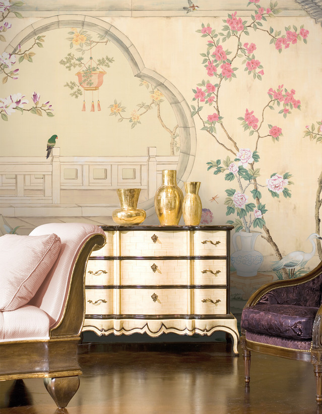 Emperor's Garden, printed mural wallpaper by Paul Montgomery. Harvest chinoiserie in room.