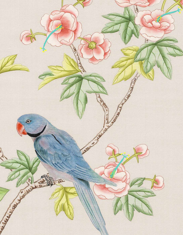 Enchanted Garden, printed mural wallpaper by Paul Montgomery. Blush detail shot.