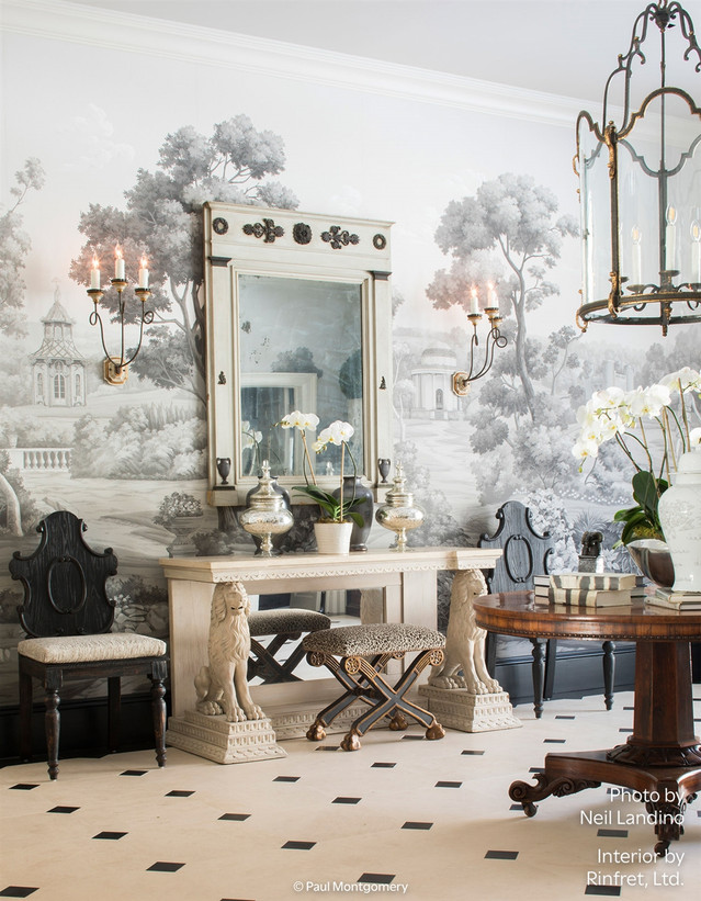 English Parks Grisaille, printed mural wallpaper by Paul Montgomery. Grisaille panoramic in room.