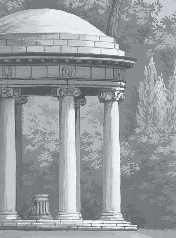 English Parks Grisaille, printed mural wallpaper by Paul Montgomery. Grisaille detail shot.