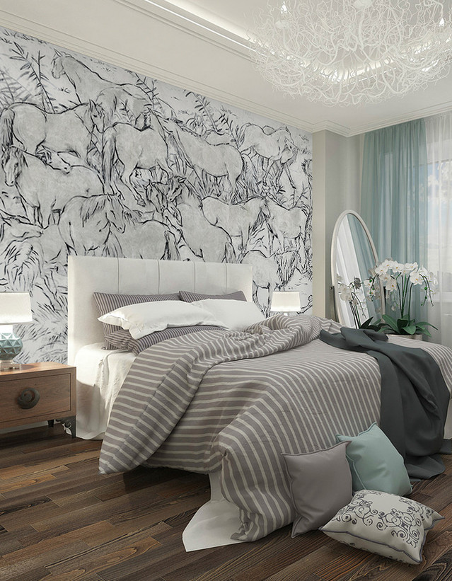 Equus Silver, printed mural wallpaper by Paul Montgomery. Silver modern mural in room.