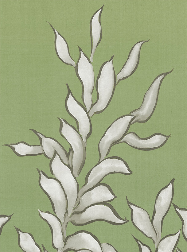 Hedgerow, printed mural wallpaper by Paul Montgomery. Light Green detail shot.