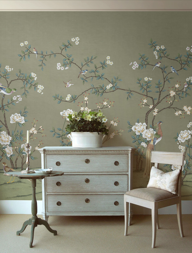 Florfontaine, printed mural wallpaper by Paul Montgomery. Green chinoiserie in room.