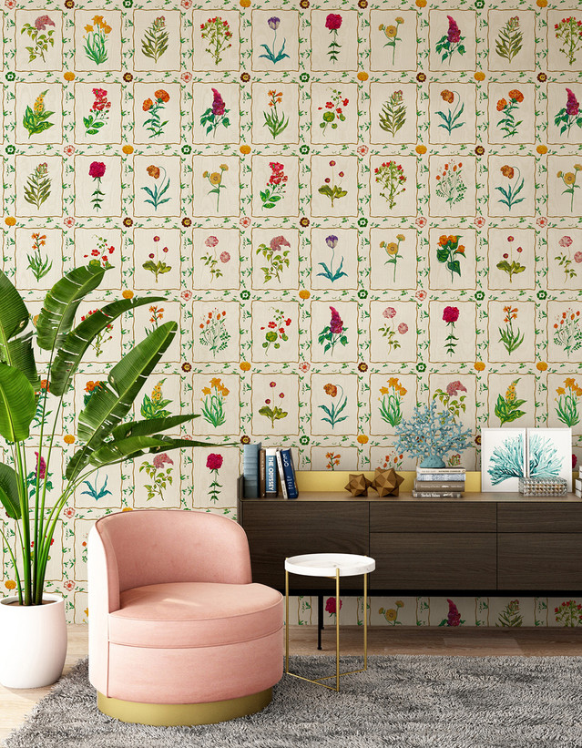 Floribunda, printed mural wallpaper by Paul Montgomery. Full color mural in room.
