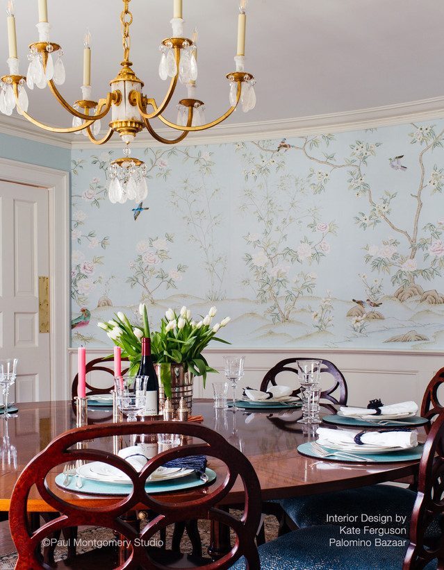 Imperial Garden Mist, printed mural wallpaper by Paul Montgomery. Printed mural in room.