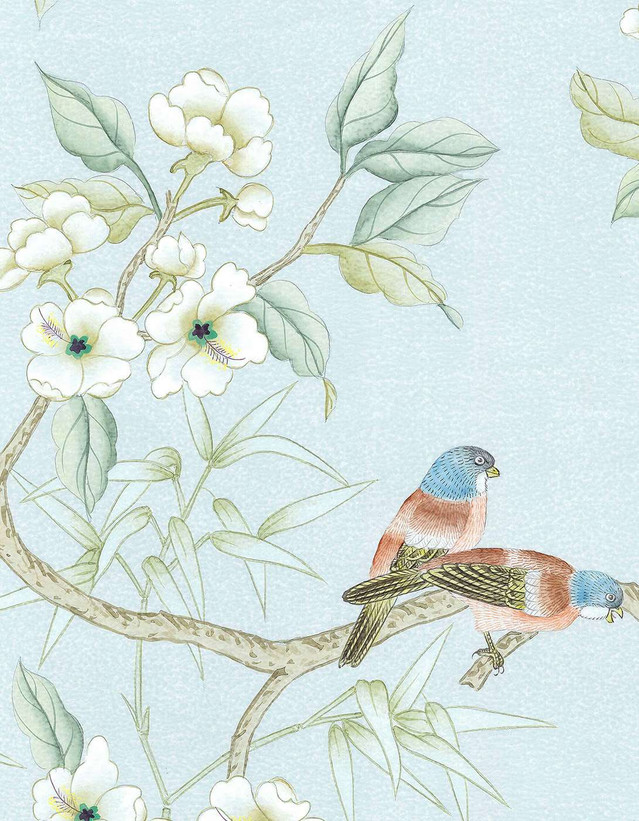 Imperial Garden Mist, printed mural wallpaper by Paul Montgomery. Detail shot.