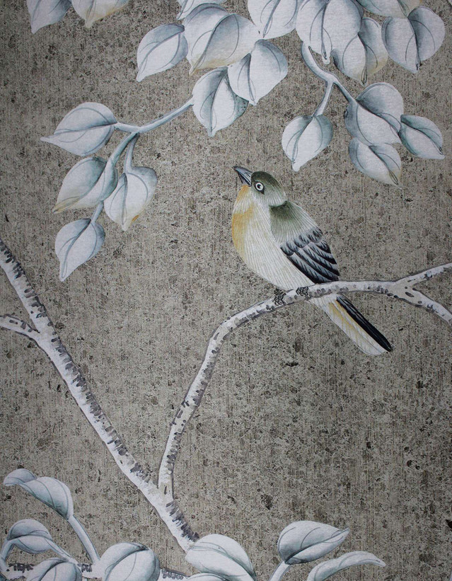 High Grove Steel, printed mural wallpaper by Paul Montgomery. Detail shot.