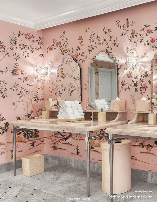 Imperial Garden, printed mural wallpaper by Paul Montgomery. Peach chinoiserie in room.