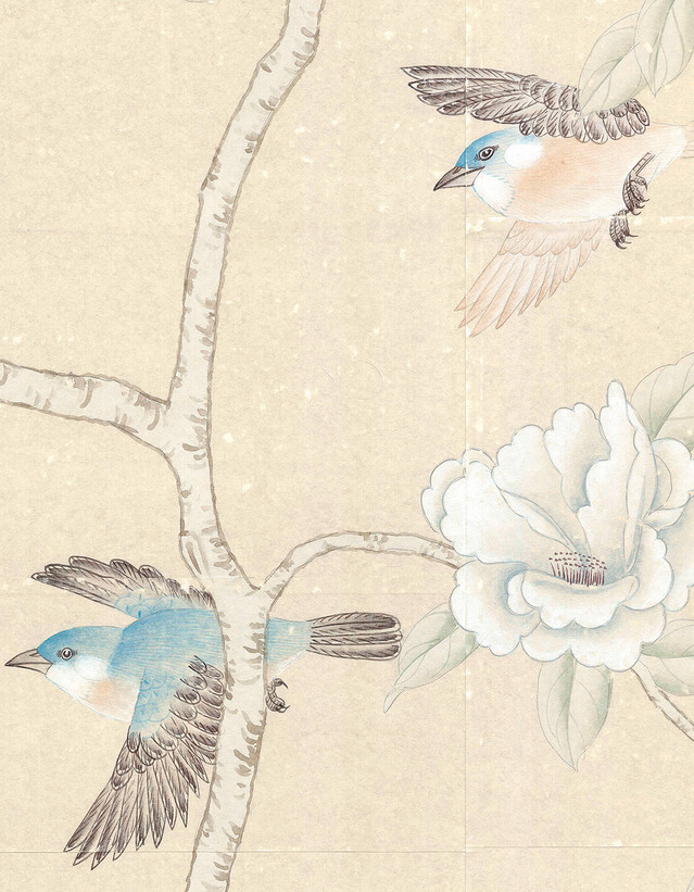 Imperial Garden Beige, printed mural wallpaper by Paul Montgomery. Detail shot.