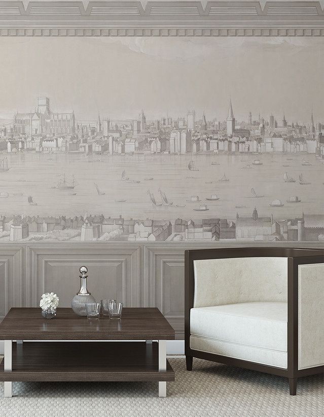 London Skyline: 1616 via 1939, printed mural wallpaper by Paul Montgomery. Grey mural wallpaper in room.