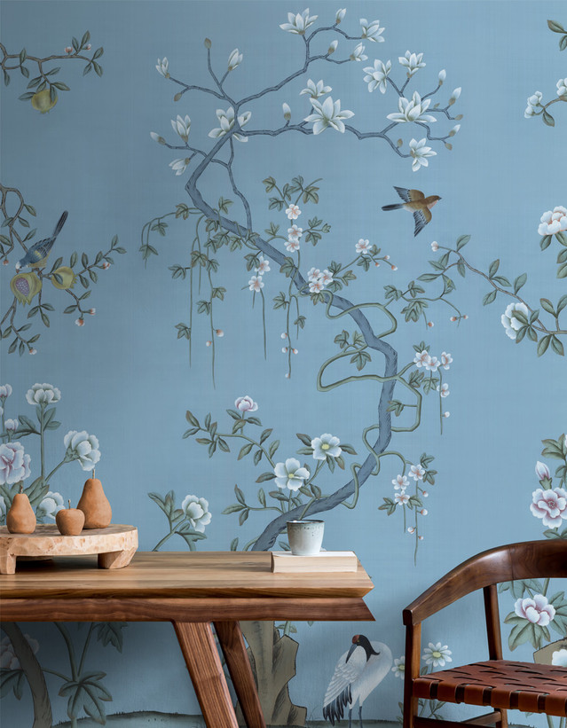 Jinan Blue, printed mural wallpaper by Paul Montgomery. Blue chinoiserie in room.