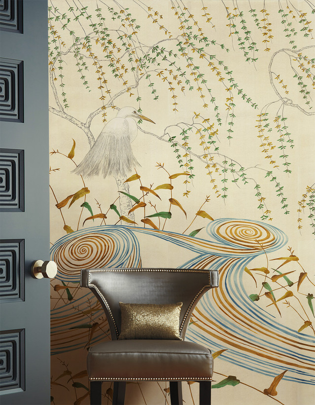 Kimono, printed mural wallpaper by Paul Montgomery. Beige modern mural in room.