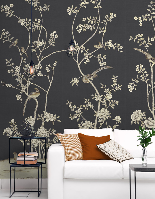 Maysong Charcoal Tall, printed mural wallpaper by Paul Montgomery. Black chinoiserie in room.