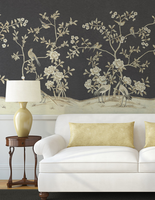 Maysong Charcoal Wainscot, printed mural wallpaper by Paul Montgomery. Black chinoiserie in room.