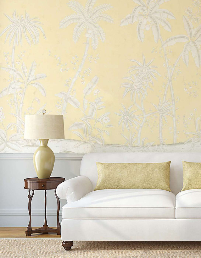 Mizner Beach, printed mural wallpaper by Ariel Okin for Paul Montgomery. Coquina chinoiserie in room.