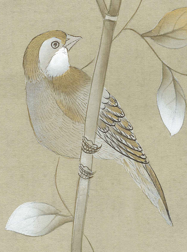 Morning Garden Beige, printed mural wallpaper by Paul Montgomery. Up-close detail shot.