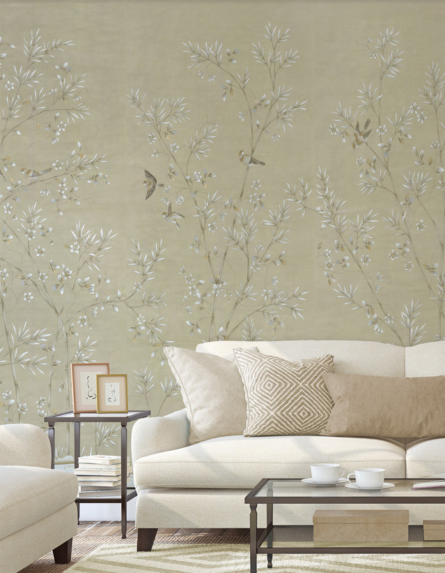 Morning Garden Beige, printed mural wallpaper by Paul Montgomery. Beige chinoiserie in room.