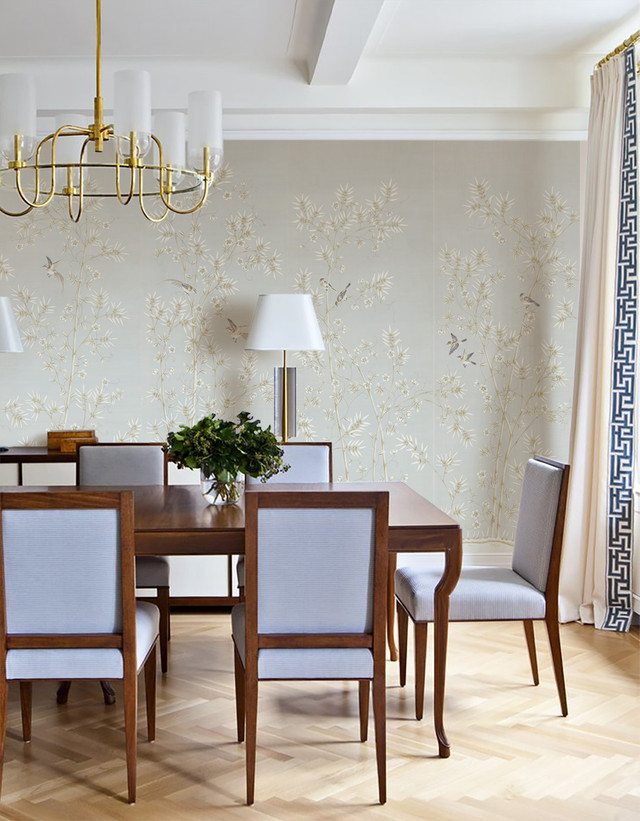 Morning Garden Mist, printed mural wallpaper by Paul Montgomery. Grey chinoiserie in room.