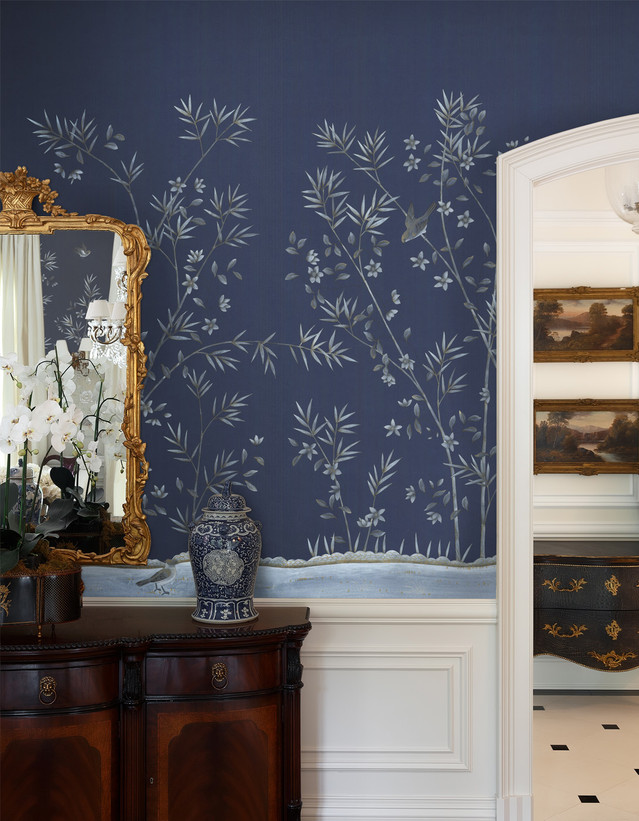 Morning Garden Navy, printed mural wallpaper by Paul Montgomery. Navy Blue chinoiserie in room.