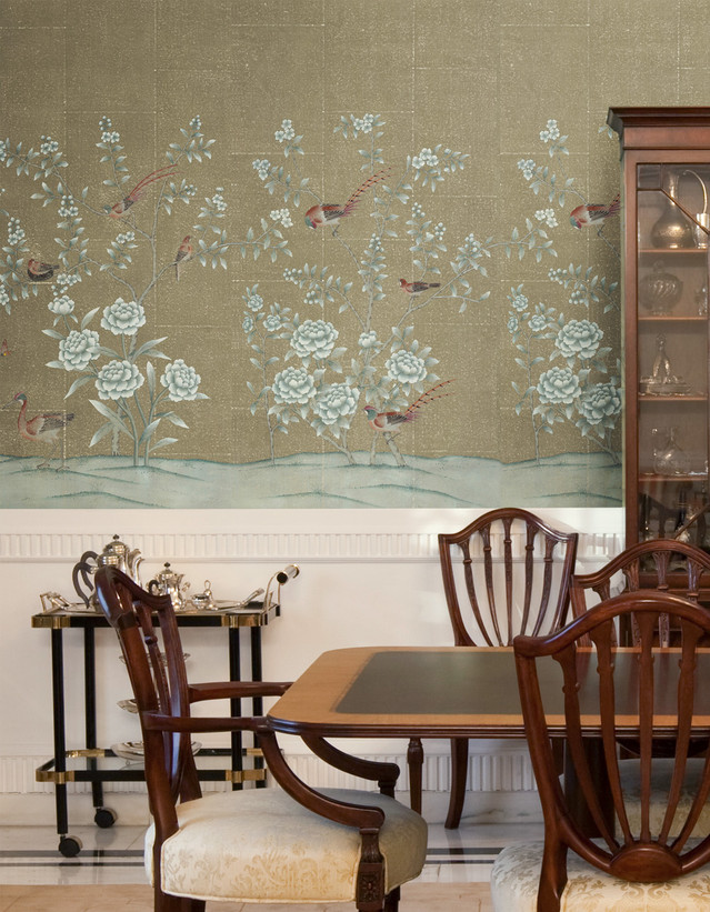 Nanjing Tea Paper, printed mural wallpaper by Paul Montgomery. Beige chinoiserie in room.
